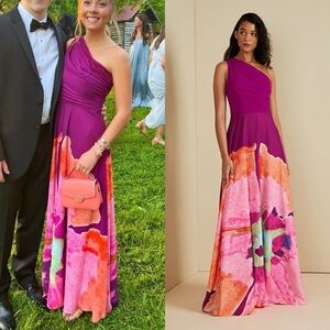 AMUR Atlas One Shoulder Gown in Sangria Flower 12